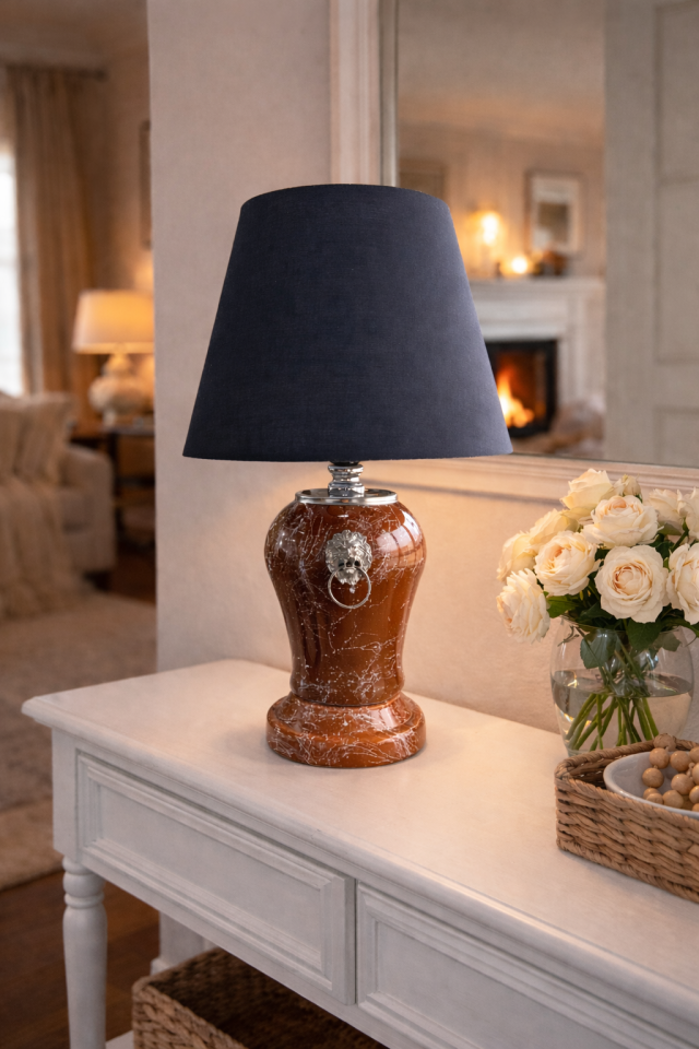 Abajur Aydınlatma Şah Aslanlı Açık Kahverengi Gümüş Mermer Siyah Şapka GÜMÜŞ