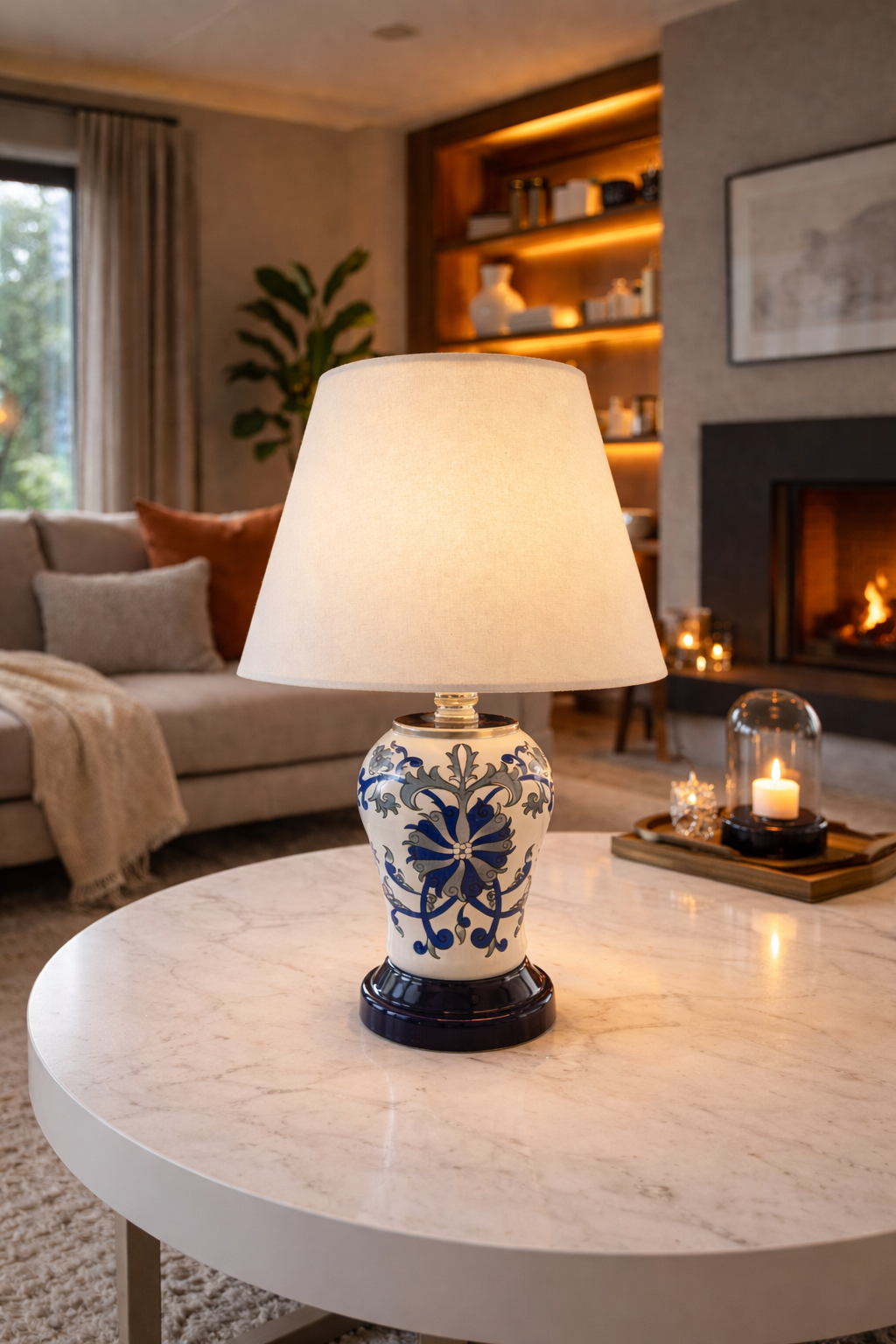 Abajur Aydınlatma Şah Mavi Çiçekli Beyaz Şapka GÜMÜŞ