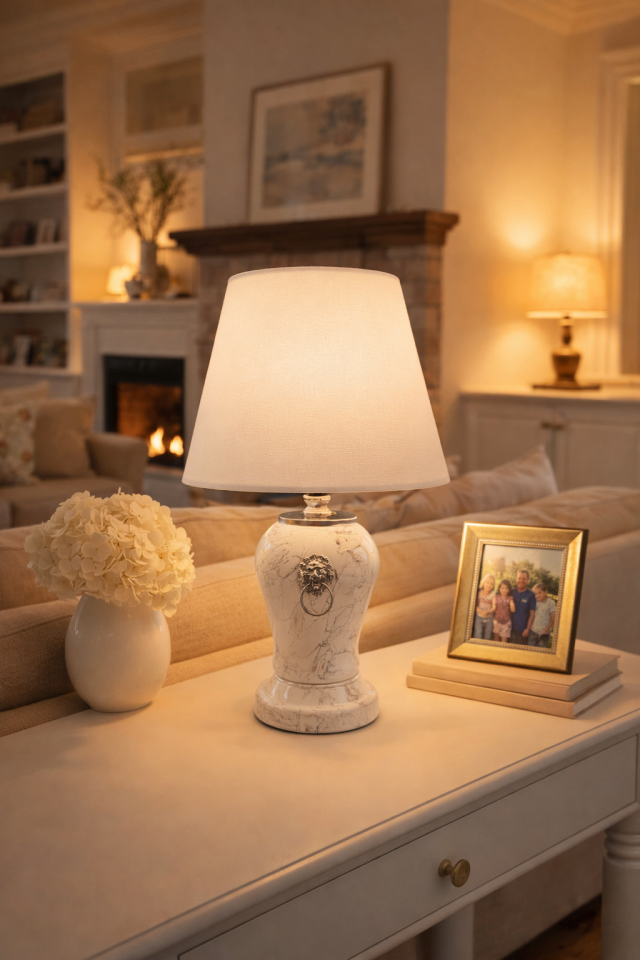 Abajur Aydınlatma Şah Aslanlı Beyaz Gümüş Mermer Beyaz Şapka GÜMÜŞ