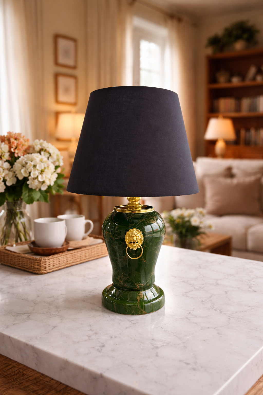 Abajur Aydınlatma Şah Aslanlı Yeşil Gold Mermer Siyah Şapka Gold