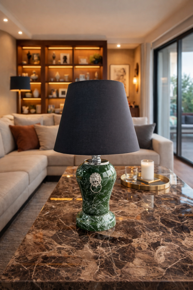 Abajur Aydınlatma Şah Aslanlı Yeşil Gümüş Mermer Siyah Şapka GÜMÜŞ