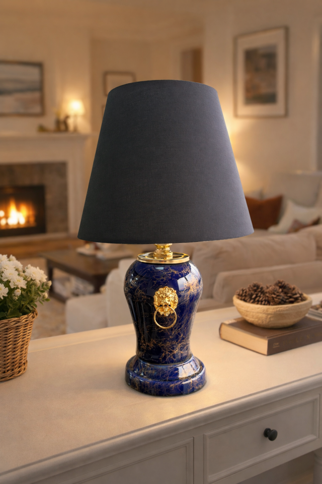 Abajur Aydınlatma Şah Aslanlı Lacivert Gold Mermer Siyah Şapka Gold