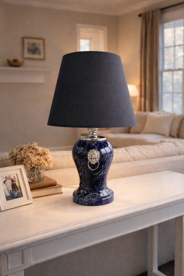 Abajur Aydınlatma Şah Aslanlı Lacivert Gümüş Mermer Siyah Şapka GÜMÜŞ