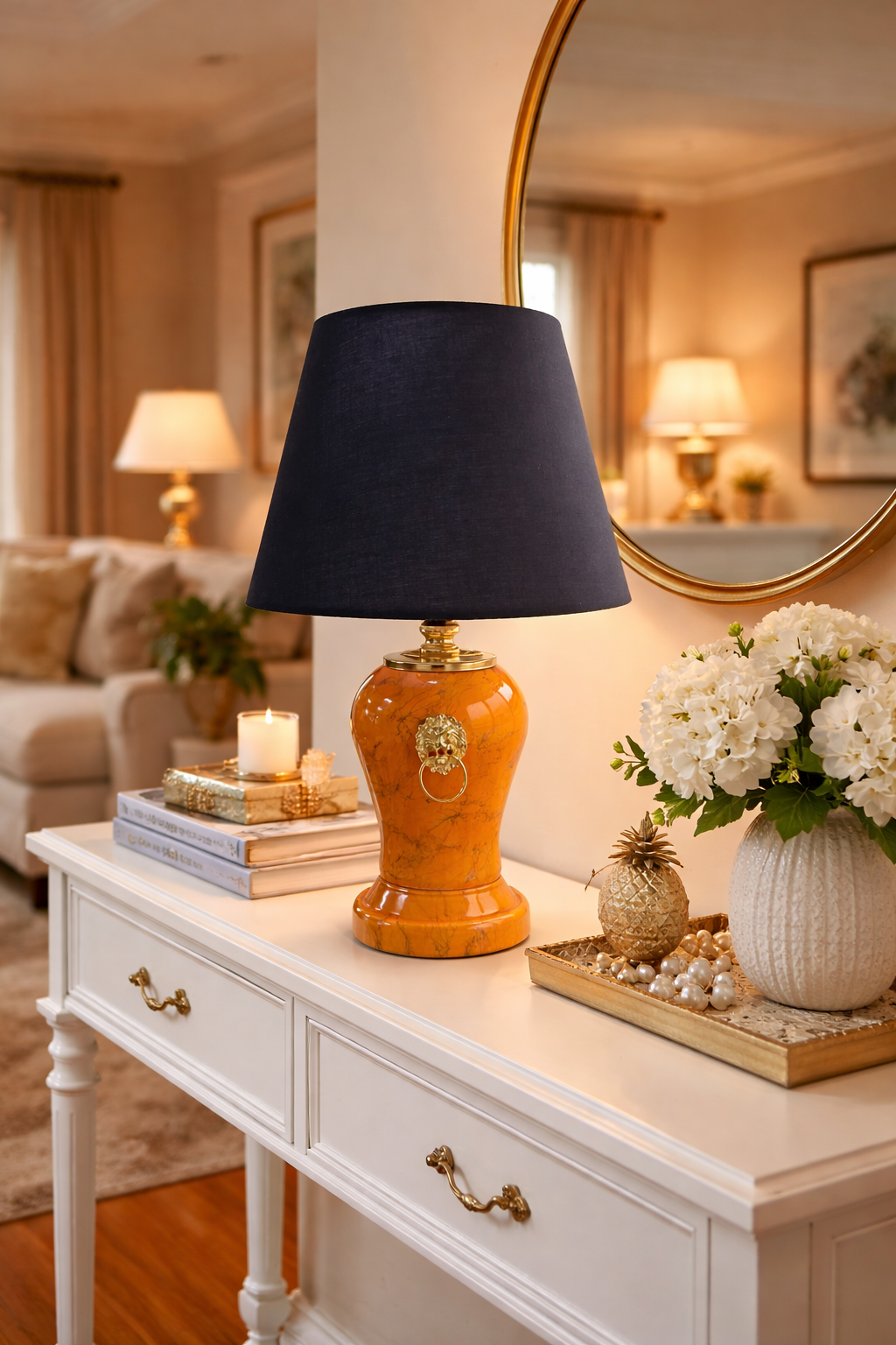 Abajur Aydınlatma Şah Aslanlı Soft Sarı Gold Mermer Siyah Şapka Gold