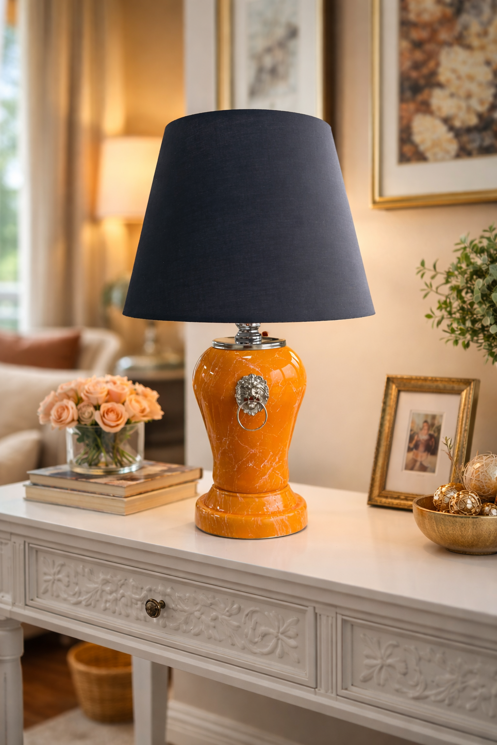 Abajur Aydınlatma Şah Aslanlı Soft Sarı Gümüş Mermer Siyah Şapka GÜMÜŞ