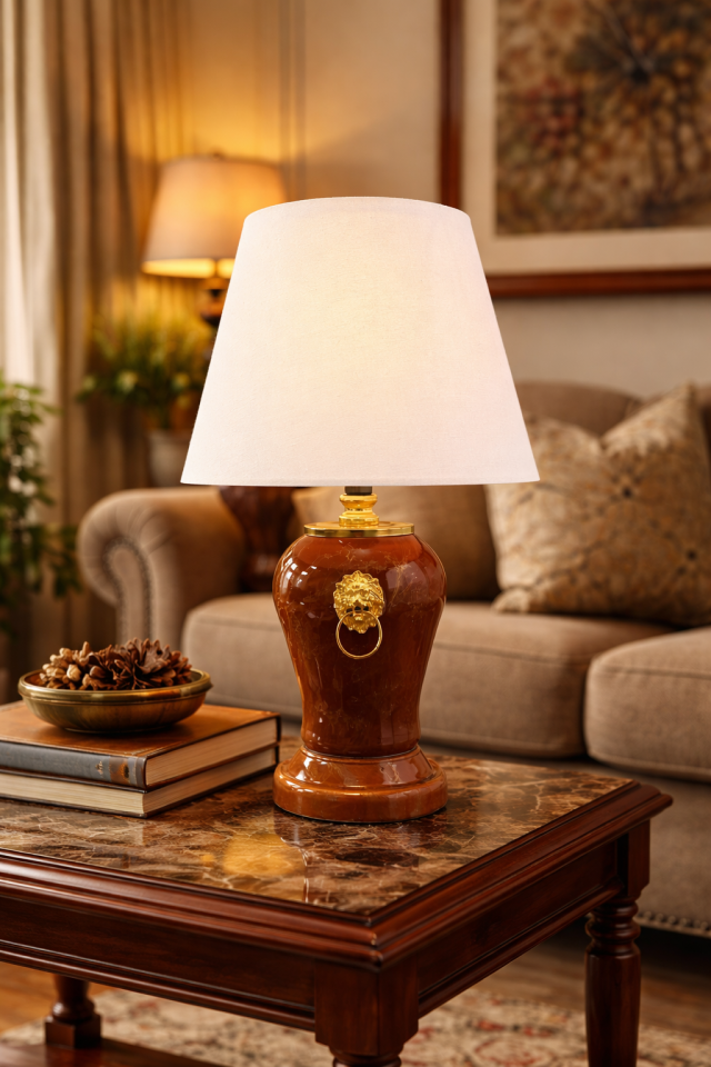 Abajur Aydınlatma Şah Aslanlı Açık Kahverengi Gold Mermer Beyaz Şapka Gold