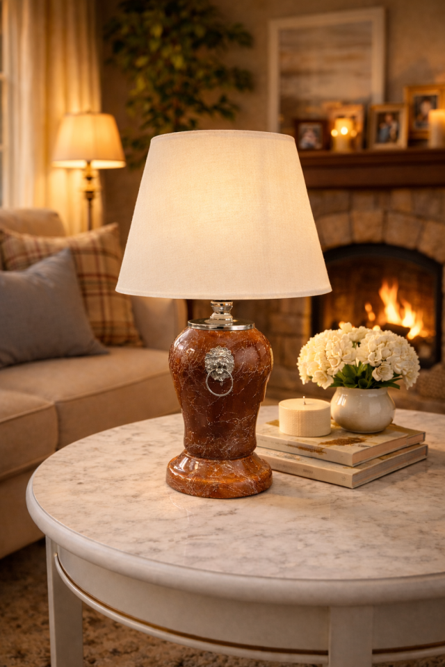 Abajur Aydınlatma Şah Aslanlı Açık Kahverengi Gümüş Mermer Beyaz Şapka GÜMÜŞ