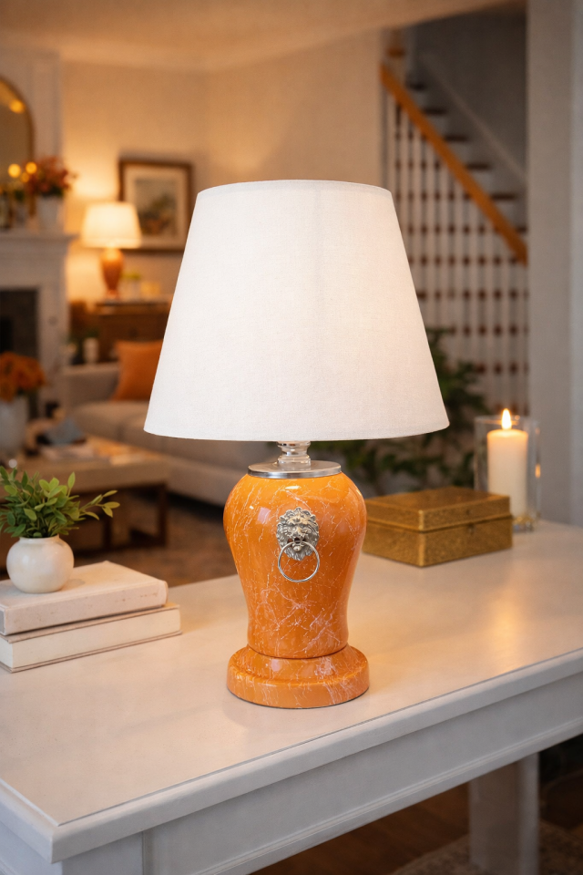 Abajur Aydınlatma Aslanlı Şah Soft Sarı Mermer Beyaz Şapka GÜMÜŞ