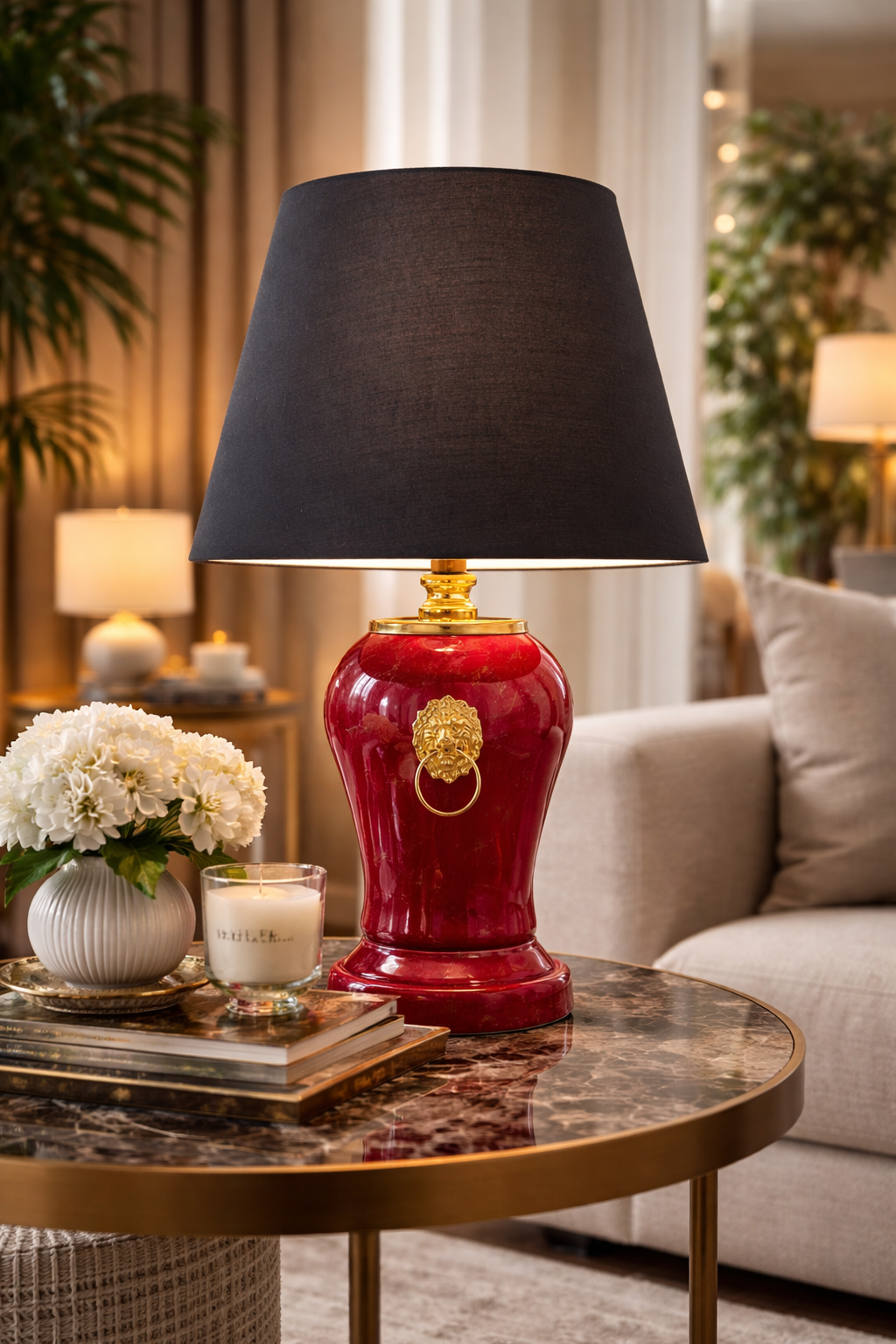 Abajur Aydınlatma Aslanlı Şah Kırmızı Mermer Siyah Şapka Gold