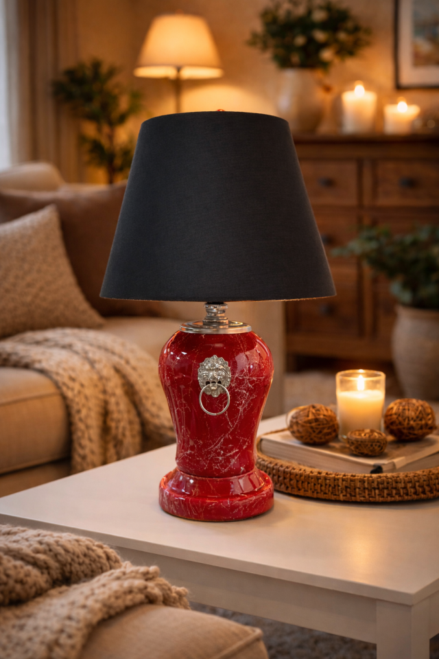 Abajur Aydınlatma Aslanlı Şah Kırmızı Mermer Siyah Şapka GÜMÜŞ