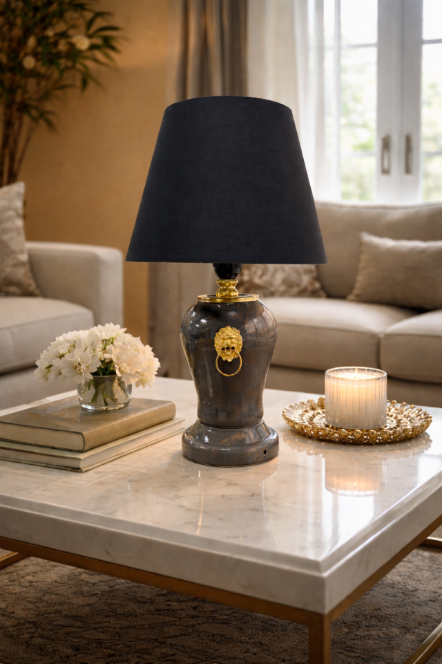 Abajur Aydınlatma Aslanlı Şah Gri Mermer Siyah Şapka Gold