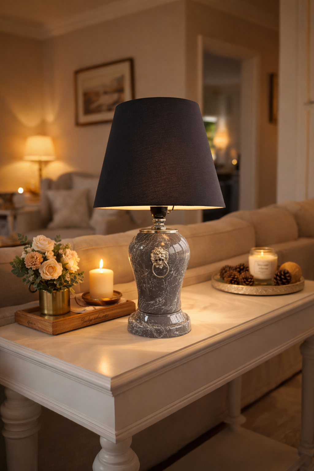 Abajur Aydınlatma Aslanlı Şah Gri Mermer Siyah Şapka GÜMÜŞ