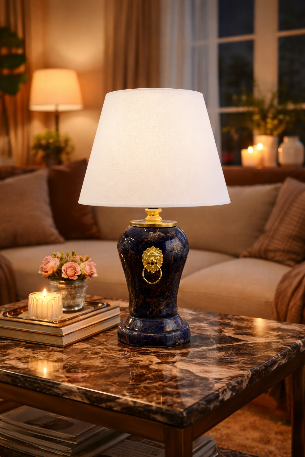 Abajur Aydınlatma Aslanlı Şah Lacivert Mermer Beyaz Şapka Gold