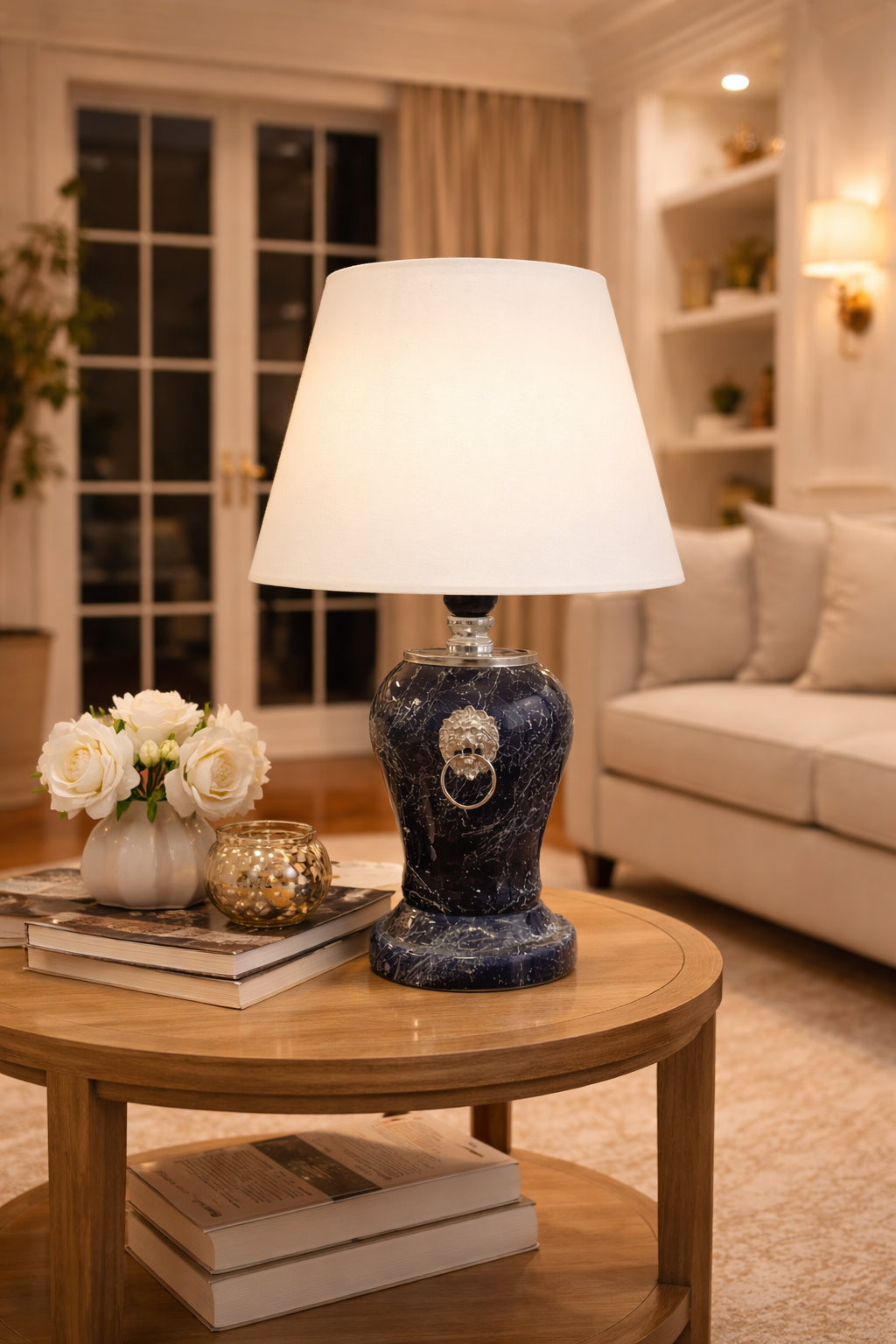 Abajur Aydınlatma Aslanlı Şah Lacivert Mermer Beyaz Şapka GÜMÜŞ