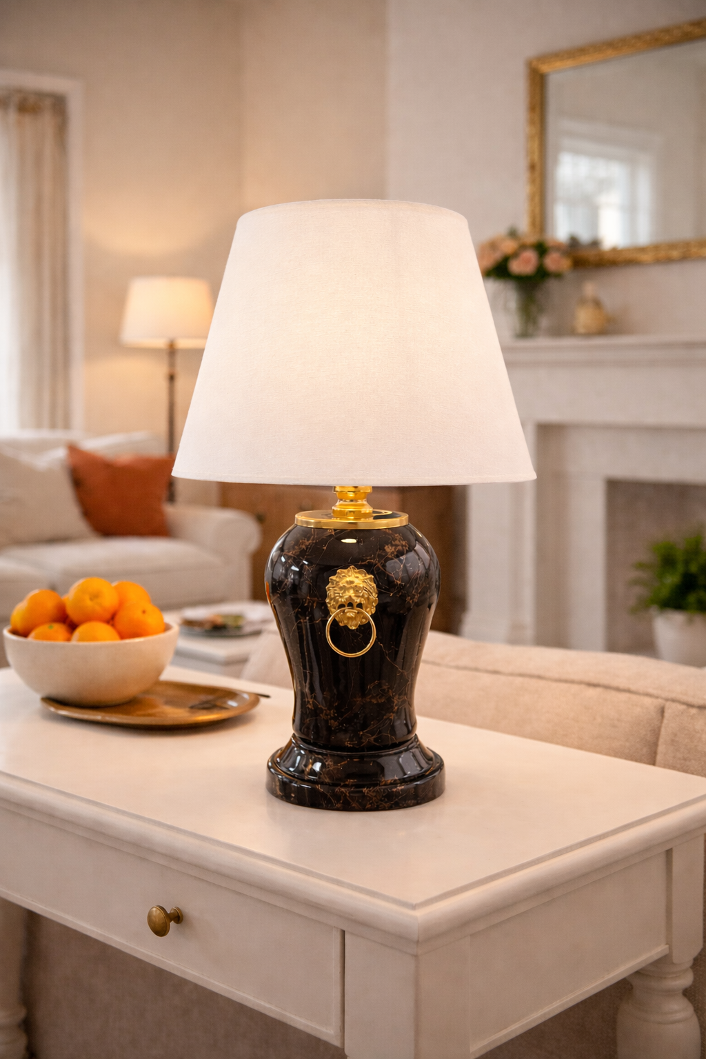 Abajur Aydınlatma Aslanlı Şah Siyah Mermer Beyaz Şapka Gold