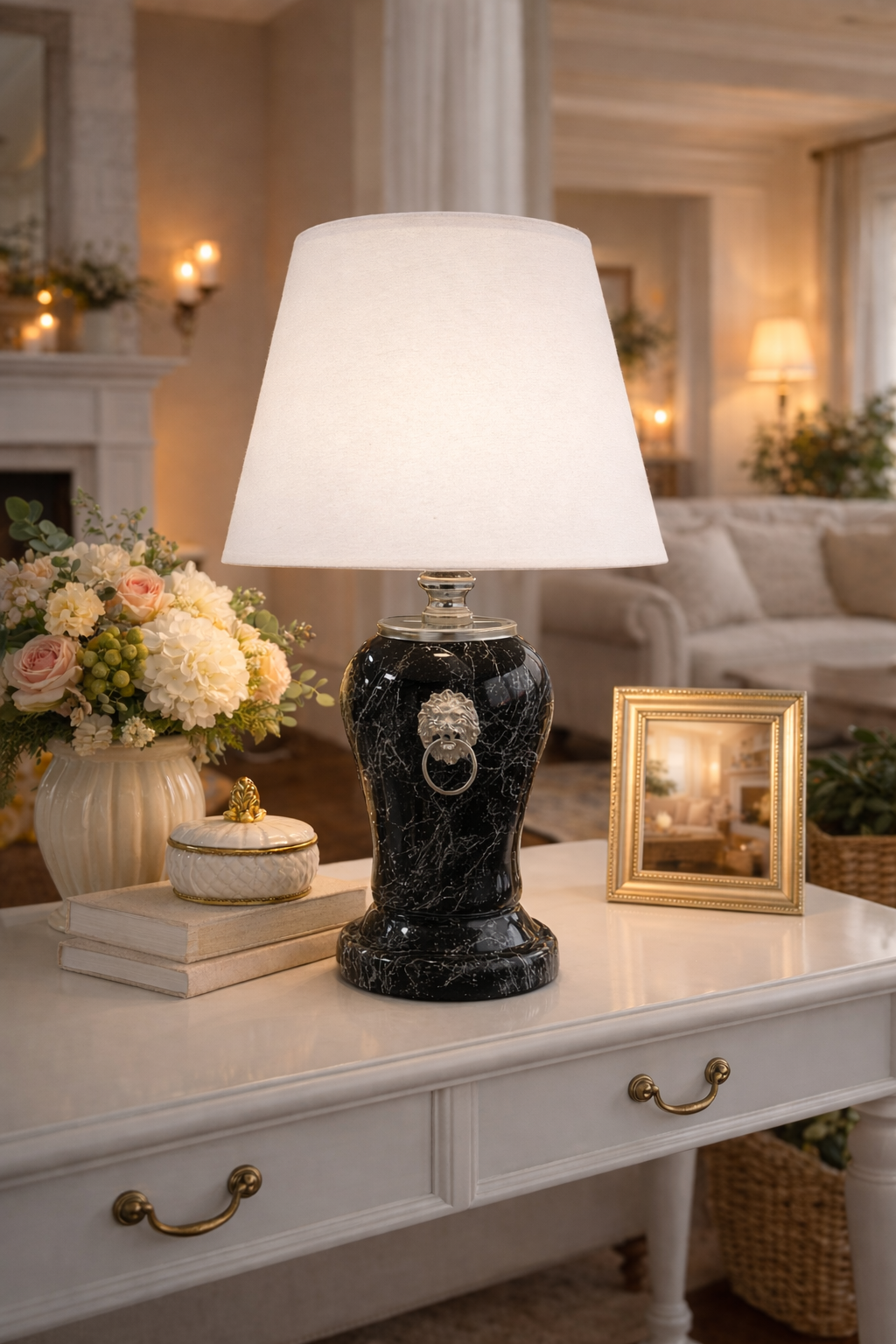 Abajur Aydınlatma Aslanlı Şah Siyah Mermer Beyaz Şapka GÜMÜŞ