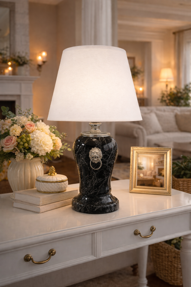 Abajur Aydınlatma Aslanlı Şah Siyah Mermer Beyaz Şapka GÜMÜŞ