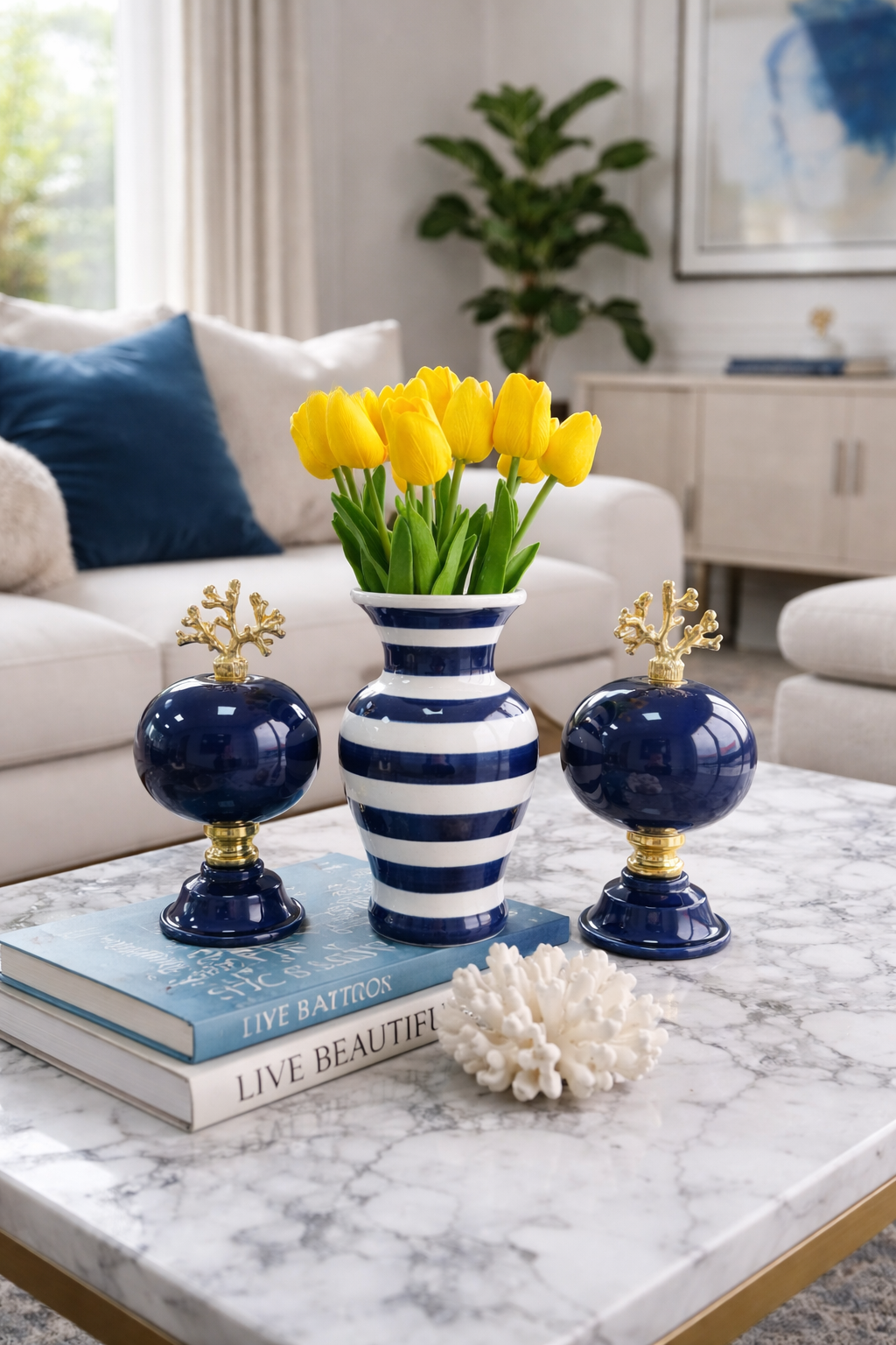 Salon Seti KÜRE Vazo Lacivert Zebra Vazo Düz Renk Küre Gold