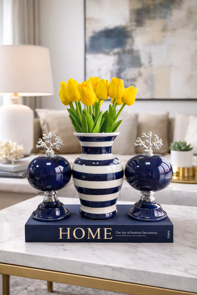 Salon Seti KÜRE Vazo Lacivert Zebra Vazo Düz Renk Küre GÜMÜŞ