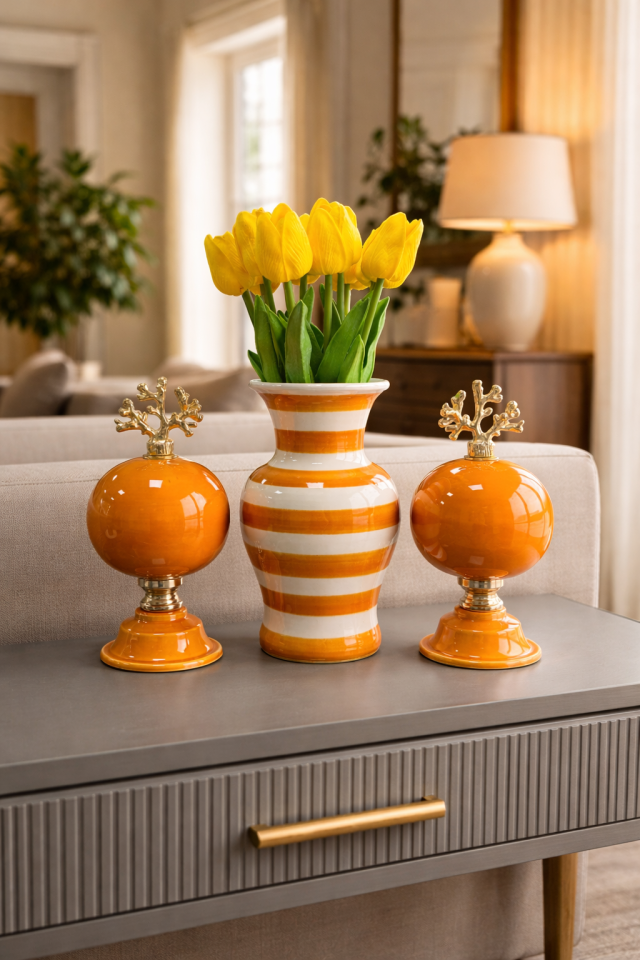 Salon Seti KÜRE Vazo Soft Sarı Zebra Vazo Düz Renk Küre Gold