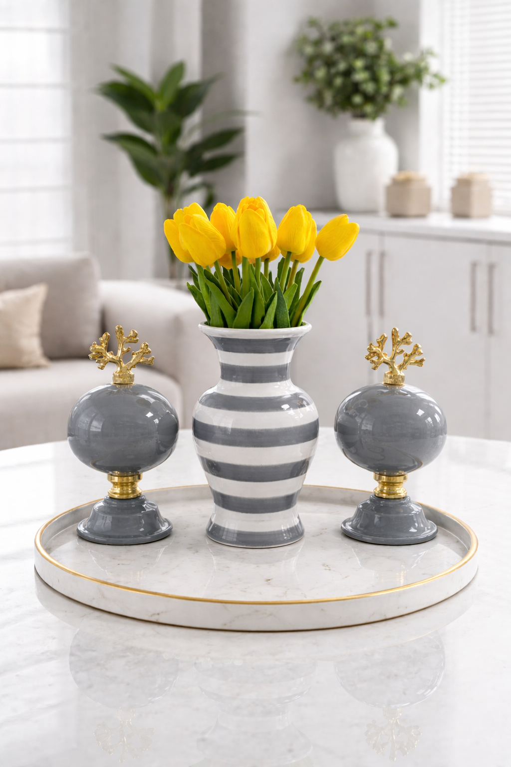 Salon Seti KÜRE Vazo Gri Zebra Vazo Düz Renk Küre Gold