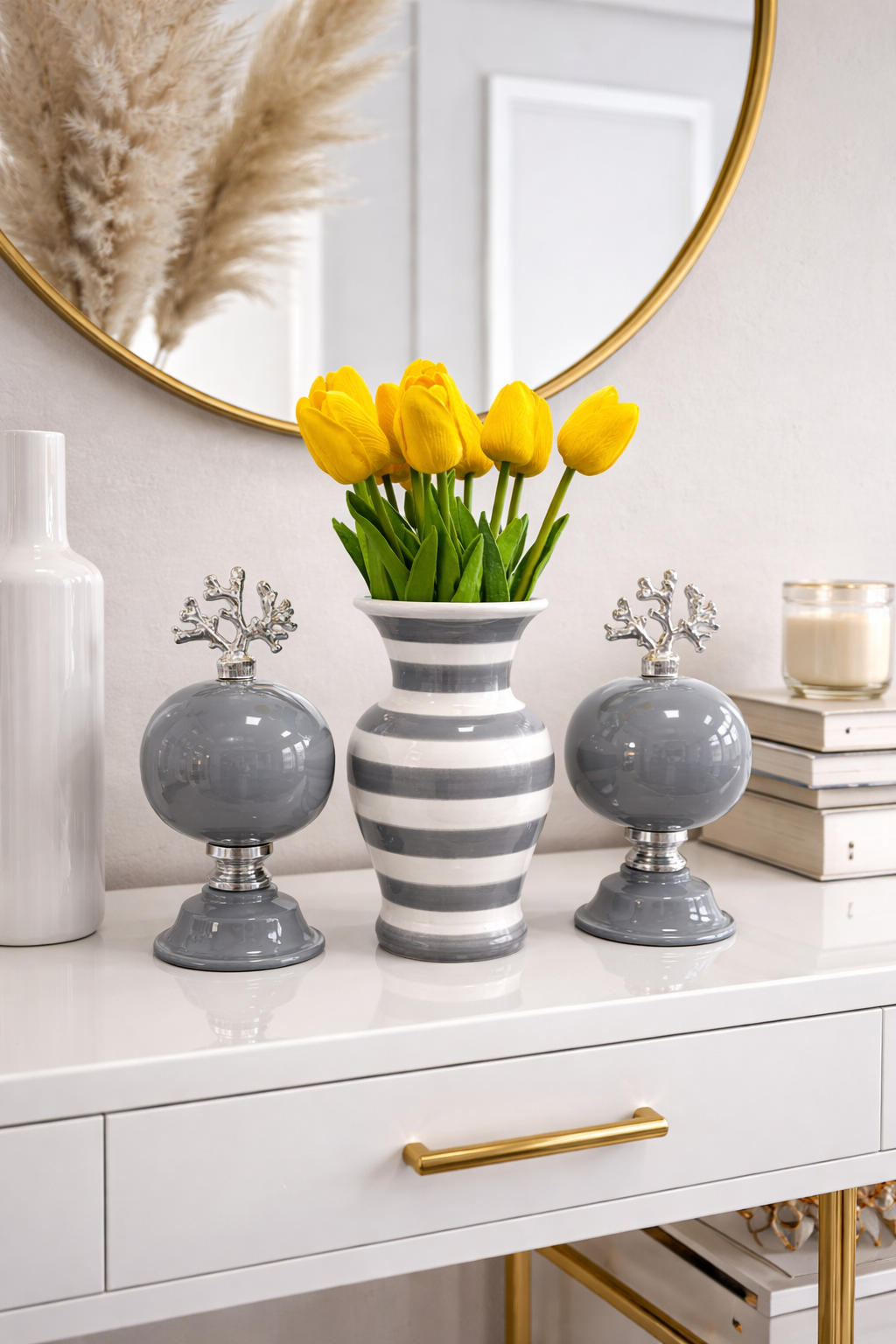 Salon Seti KÜRE Vazo Gri Zebra Vazo Düz Renk Küre GÜMÜŞ