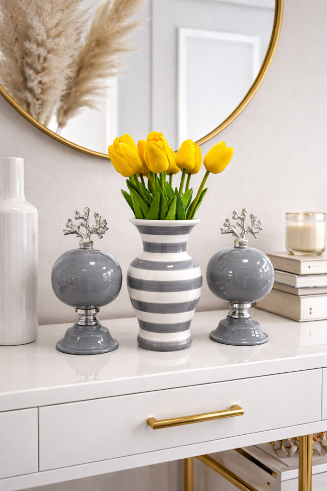 Salon Seti KÜRE Vazo Gri Zebra Vazo Düz Renk Küre GÜMÜŞ