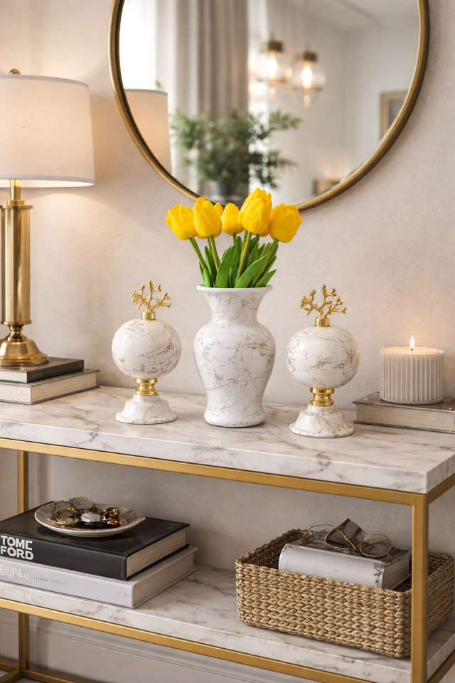 Salon Seti KÜRE Vazo Beyaz Gold Mermer Küre Gold