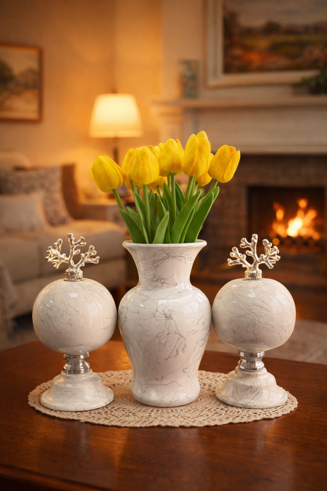 Salon Seti KÜRE Vazo Beyaz Mermer Küre GÜMÜŞ