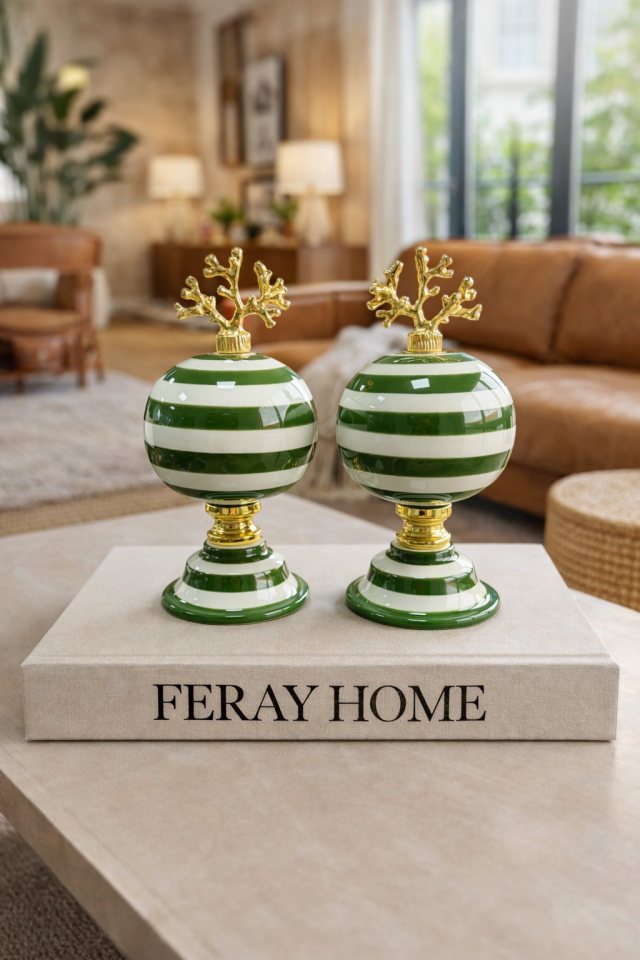 Dekoratif Obje 2 li Küre Yeşil Zebra Gold