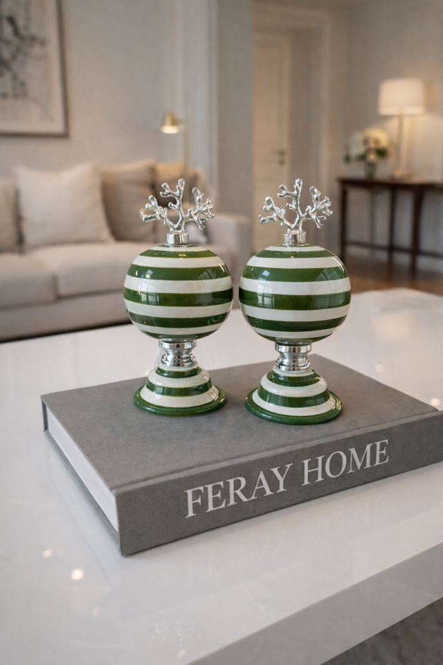 Dekoratif Obje 2 li Küre Yeşil Zebra GÜMÜŞ