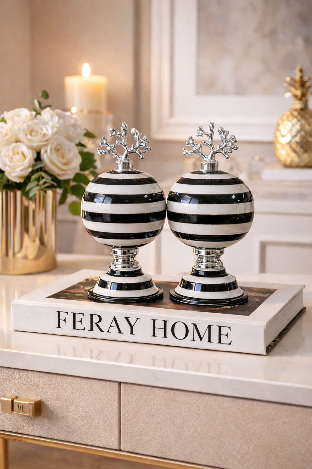 Dekoratif Obje 2 li Küre Siyah Zebra GÜMÜŞ