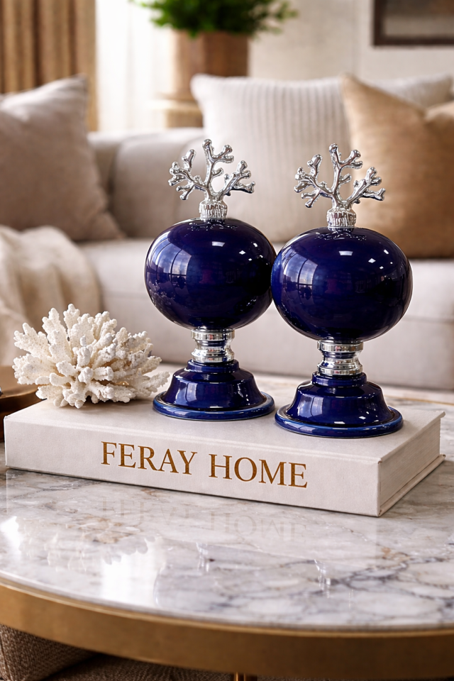 Dekoratif Obje 2 li Küre Düz lacivert GÜMÜŞ