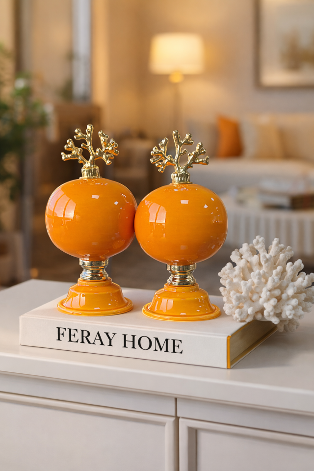 Dekoratif Obje 2 li Küre Düz Soft Sarı Gold