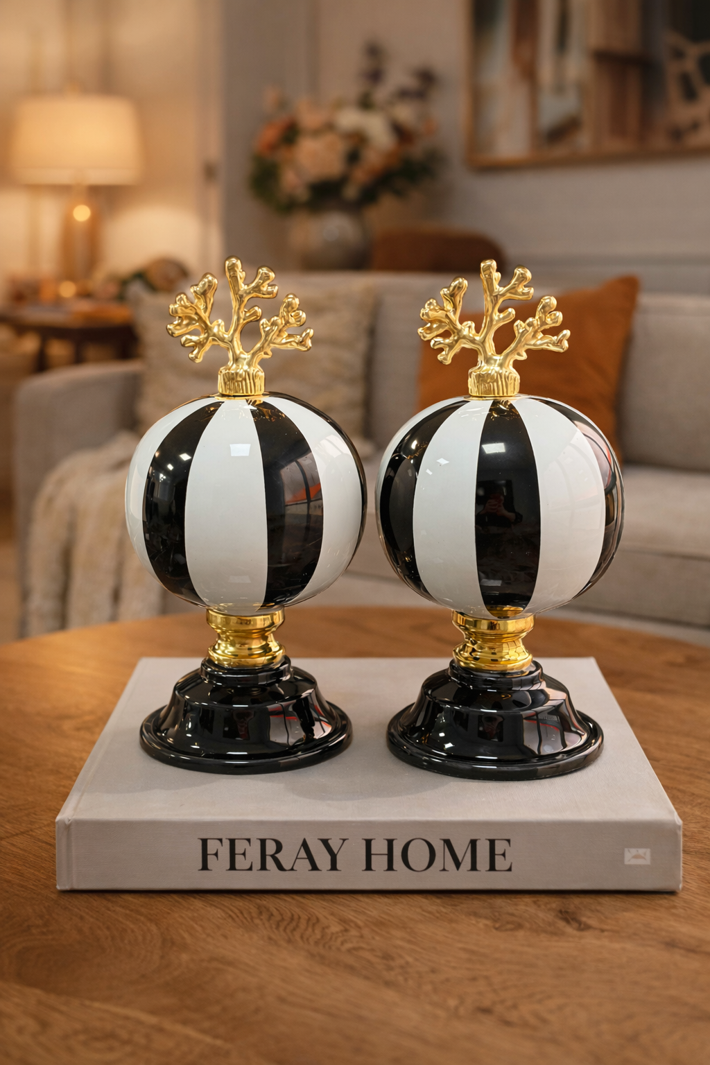 Dekoratif Obje 2 li Küre Siyah Dik Çizgi Gold