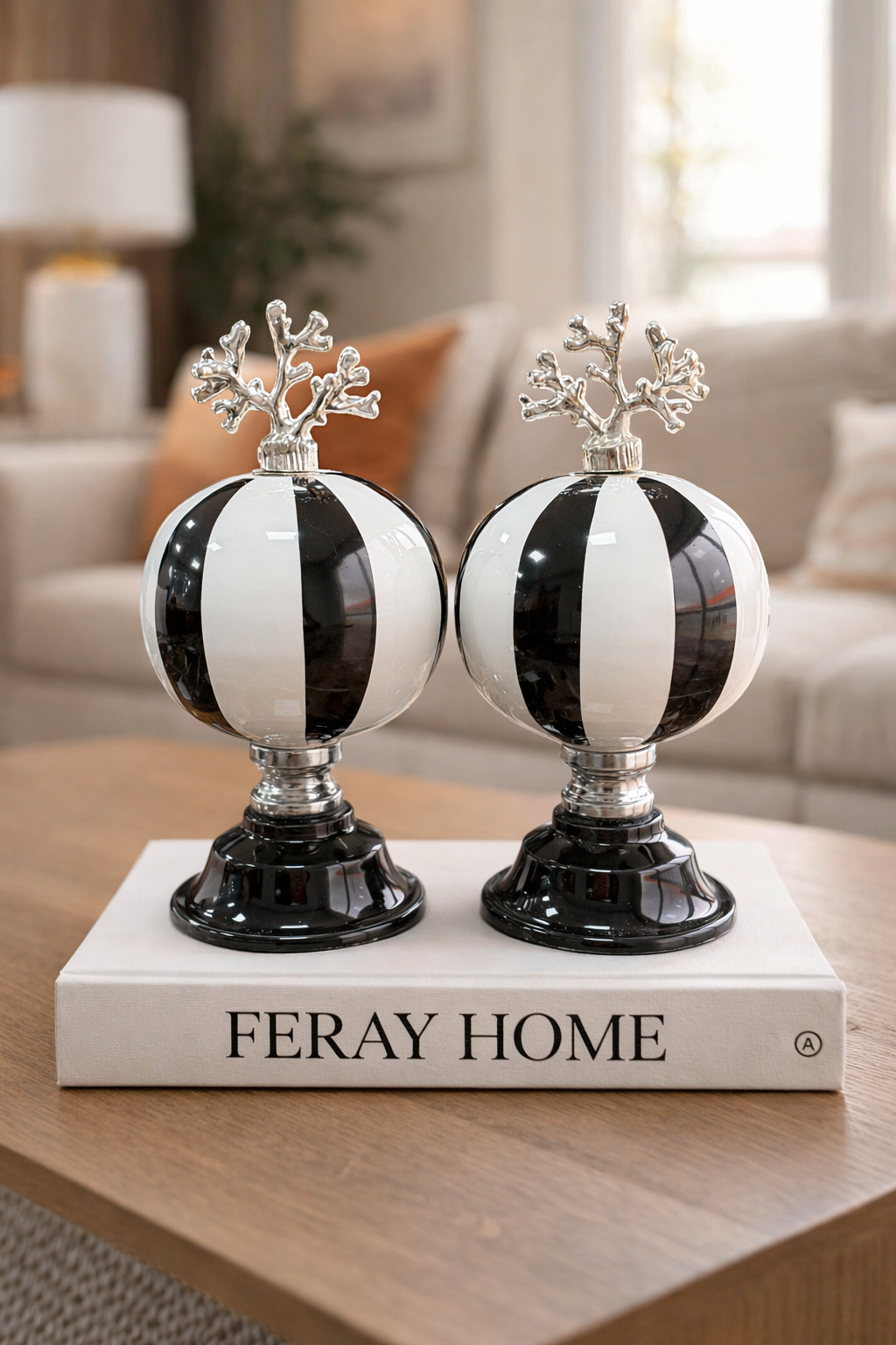 Dekoratif Obje 2 li Küre Siyah Dik Çizgi GÜMÜŞ