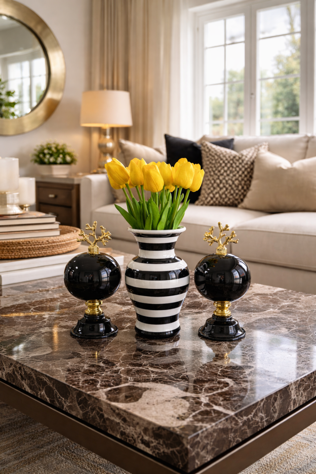 Salon Seti KÜRE Vazo Siyah Zebra Vazo Düz Renk Küre Gold