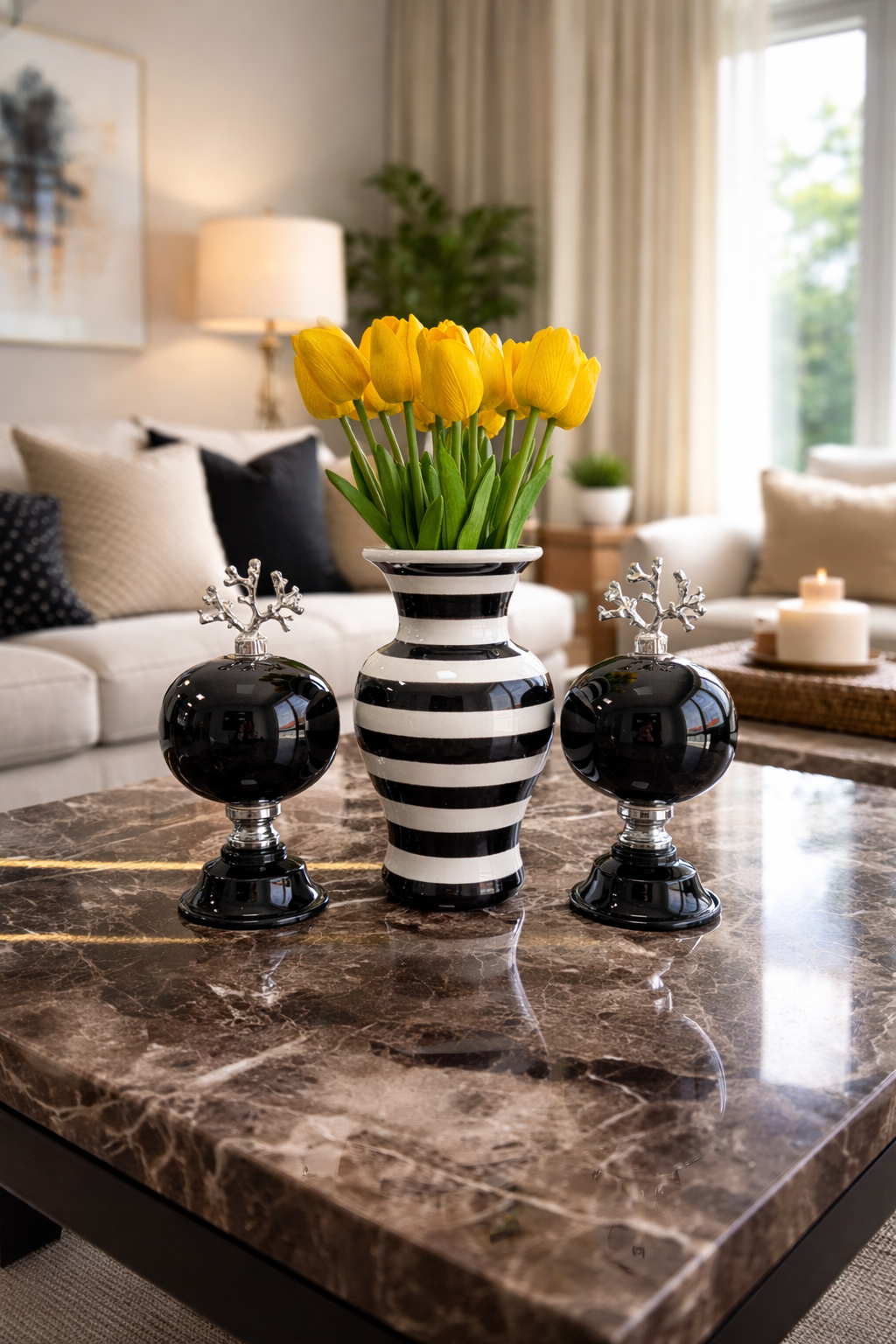 Salon Seti KÜRE Vazo Siyah Zebra Vazo Düz Renk Küre GÜMÜŞ