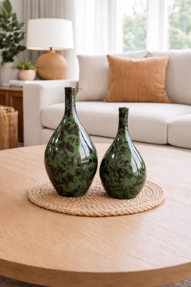 Dekoratif Obje Damla Şişe Yeşil Ebruli