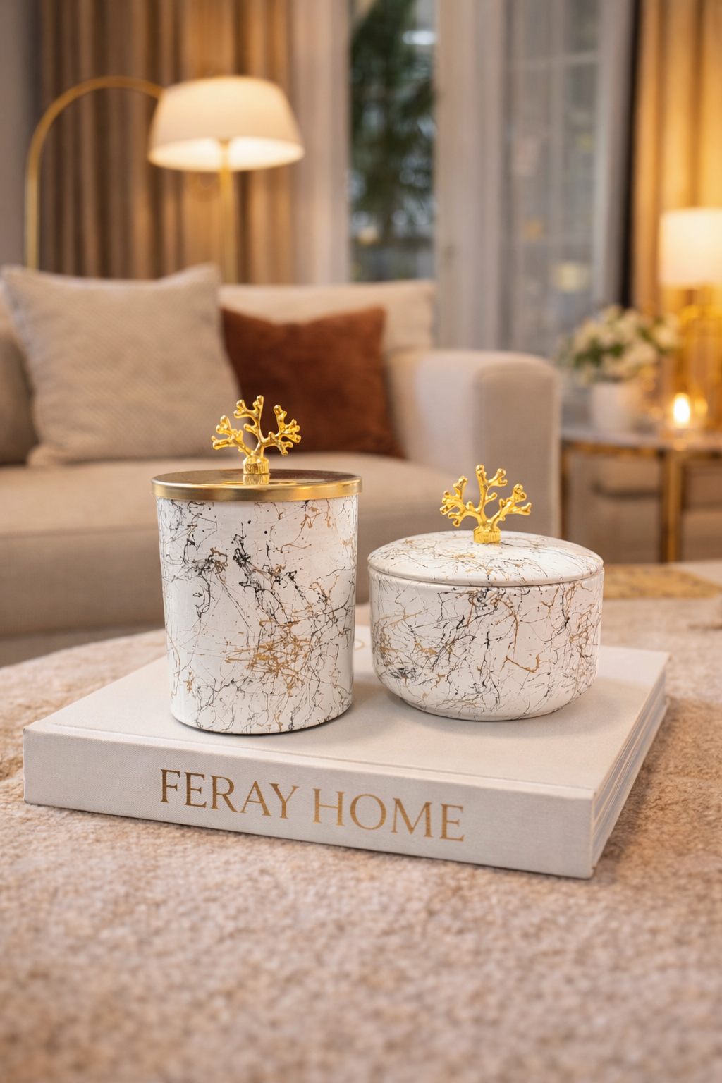 Dekoratif Mutfak Aksesuarı 2 li Beyaz Siyah Gold Mermer Silindir Siyah Gold Mermer Obje Gold Mercan