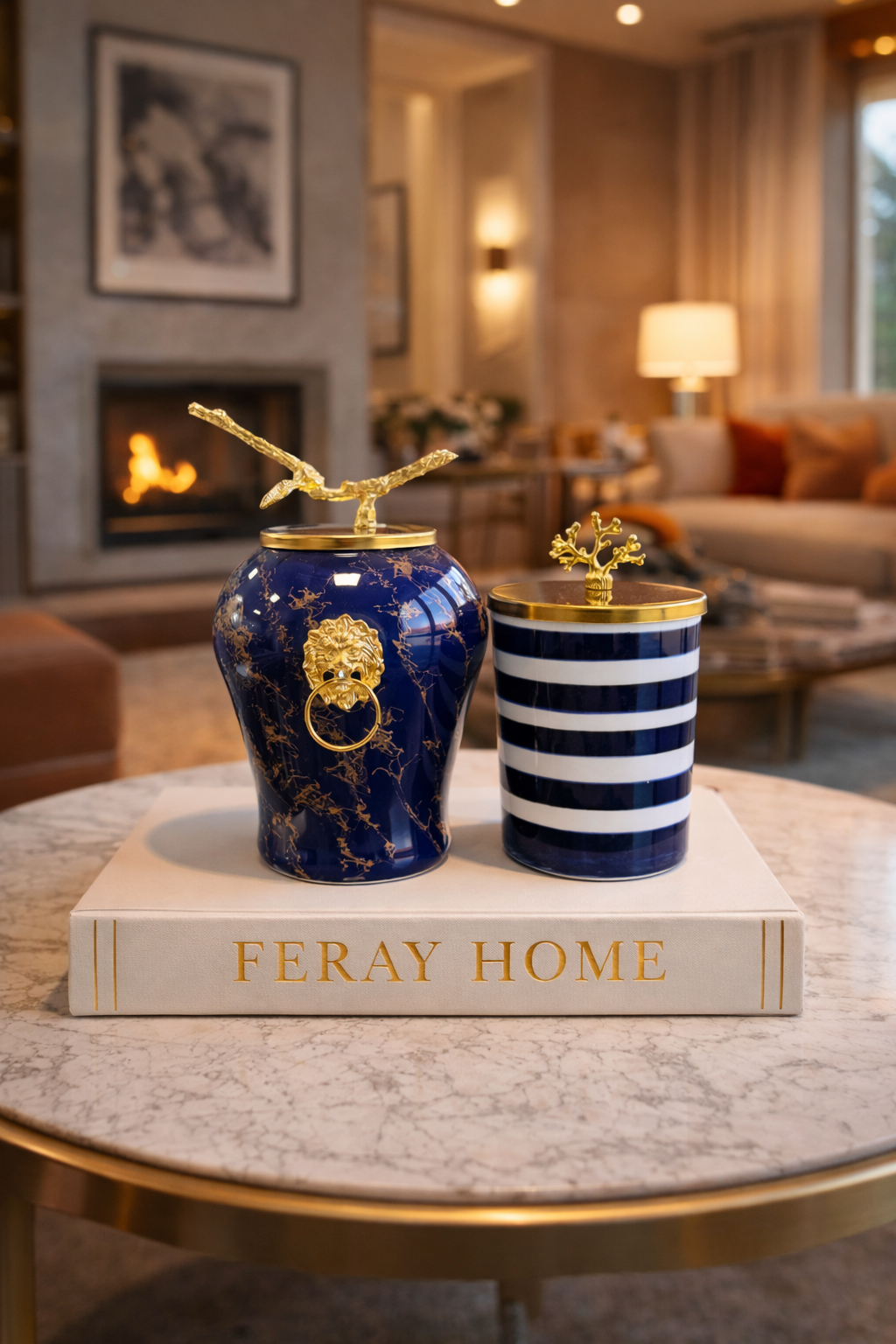 Dekoratif Obje Aslanlı Şah Küp Lacivert Mermer Silindir Lacivert Zebra Gold