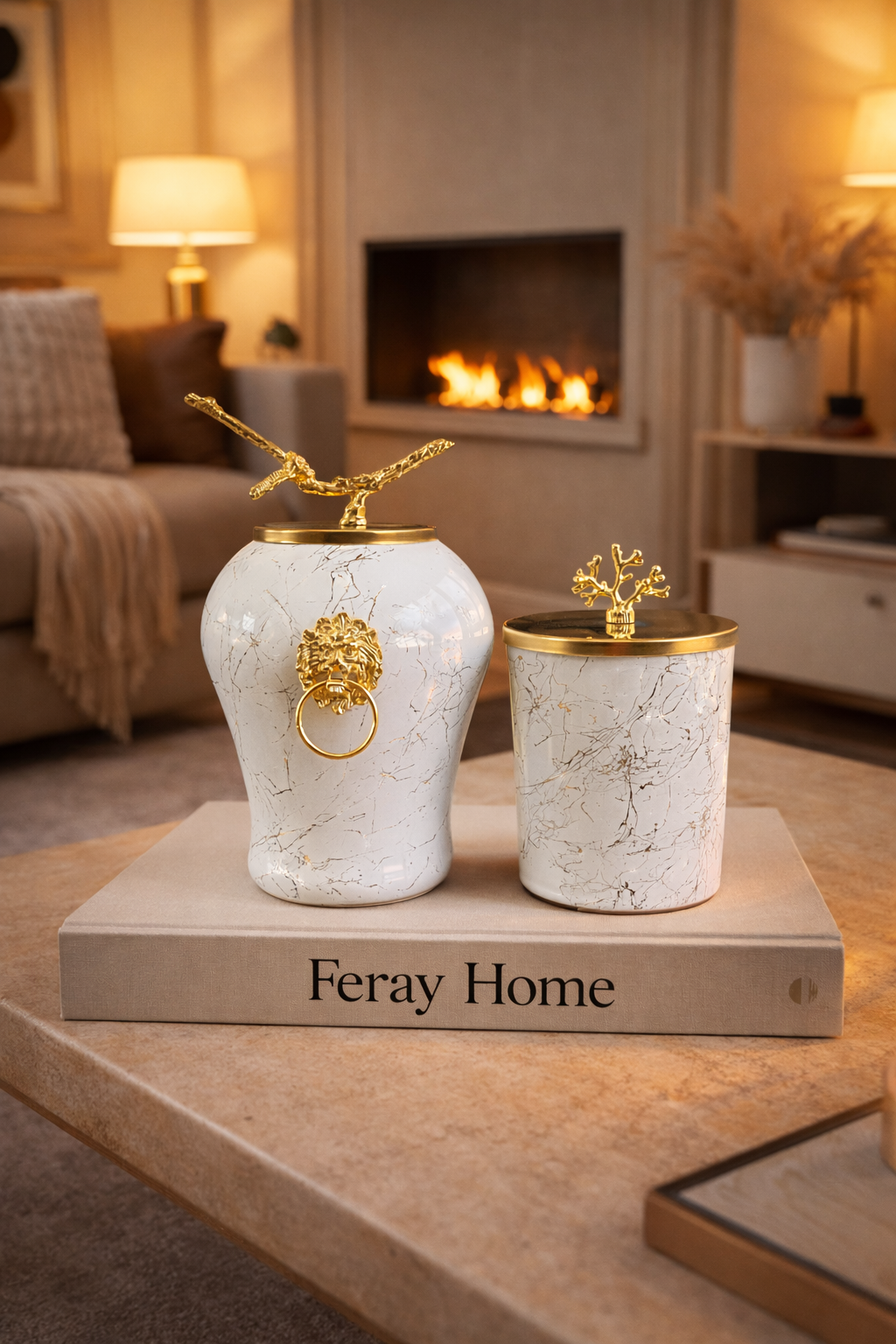 Dekoratif Obje Aslanlı Şah Küp Beyaz Mermer Silindir Beyaz Mermer Gold