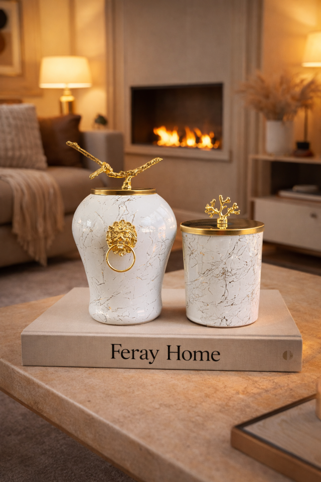 Dekoratif Obje Aslanlı Şah Küp Beyaz Mermer Silindir Beyaz Mermer Gold