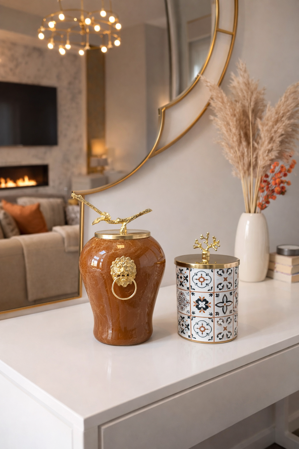 Dekoratif Obje Aslanlı Kahverengi Mermer Silindir Ceramic Desen Gold