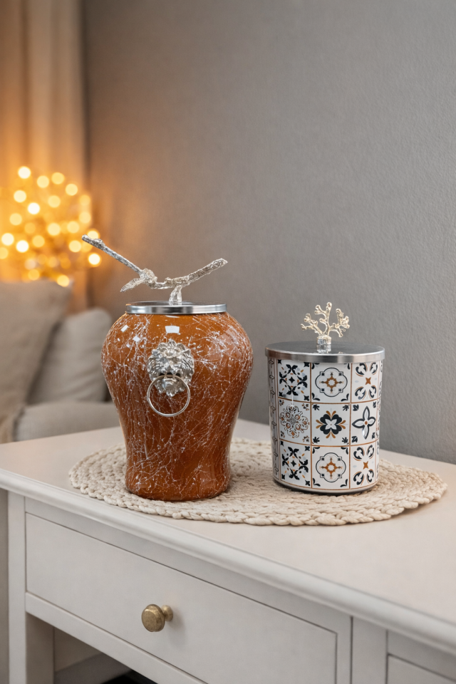 Dekoratif Obje Aslanlı Kahverengi Mermer Silindir Ceramic Desen GÜMÜŞ