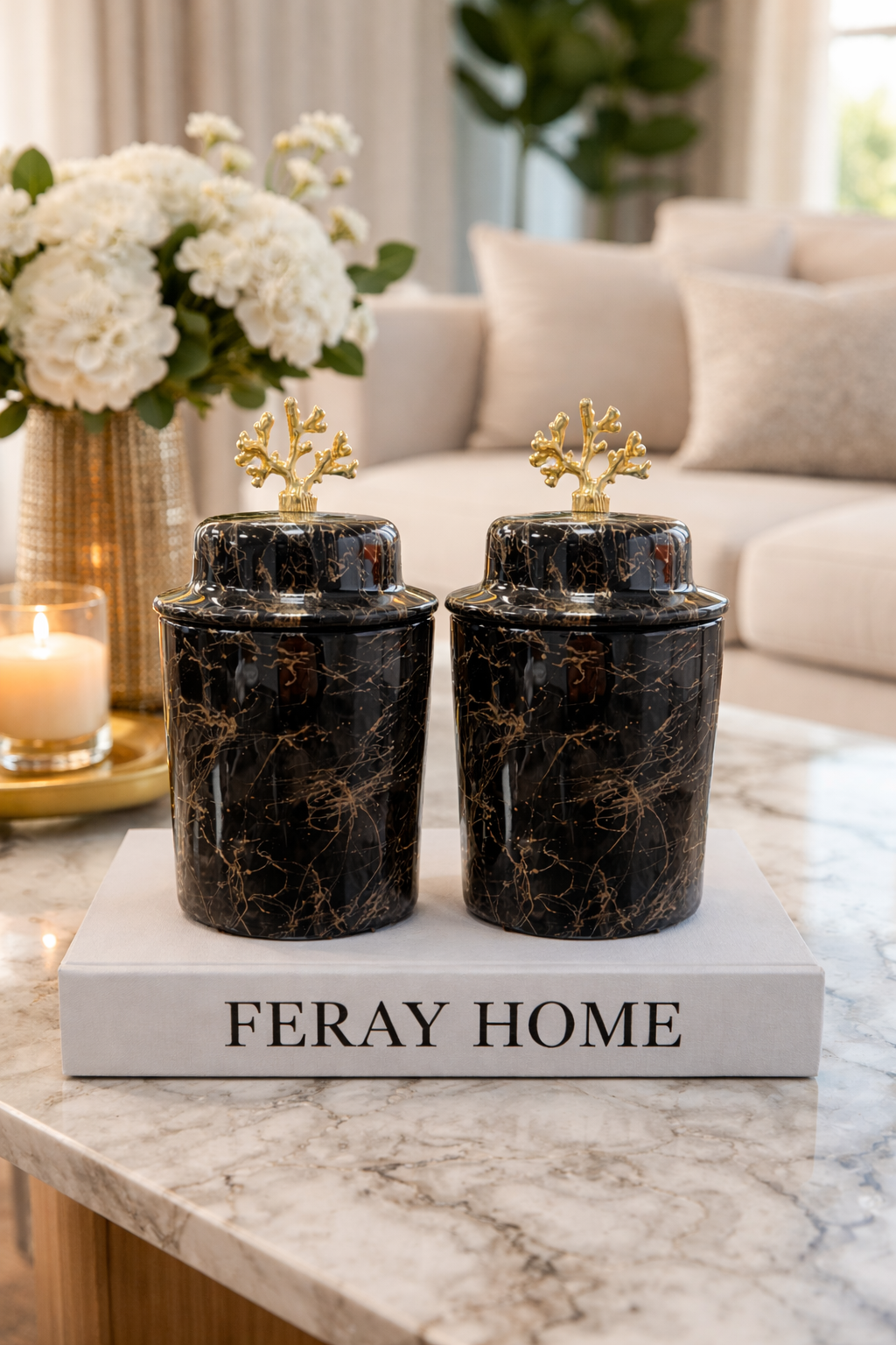 Dekoratif 2 li Seramik Kapaklı Siyah Gold Mermer Silindir Gold