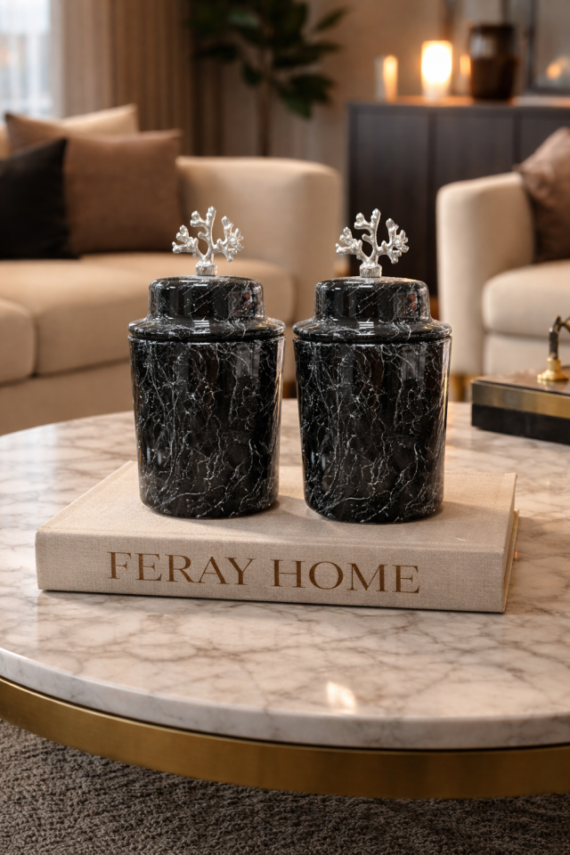 Dekoratif 2 li Seramik Kapaklı Siyah Mermer Silindir GÜMÜŞ