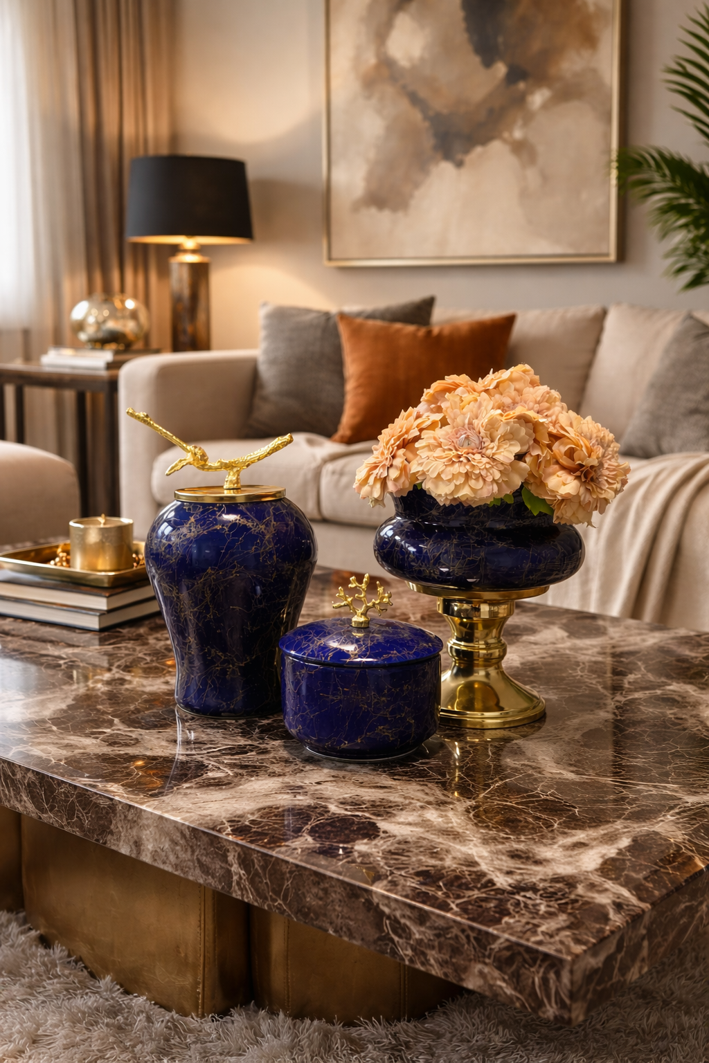 Dekoratif Obje SALON SETİ Lacivert Zebra Ayaklı Saksı Lacivert Şah Zebra Kapaklı Kutu Gold