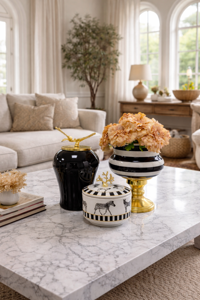 Dekoratif Obje Salon Seti  Zebra At Desen Kutu Siyah Zebra Ayaklı Saksı Siyah Şah Gold