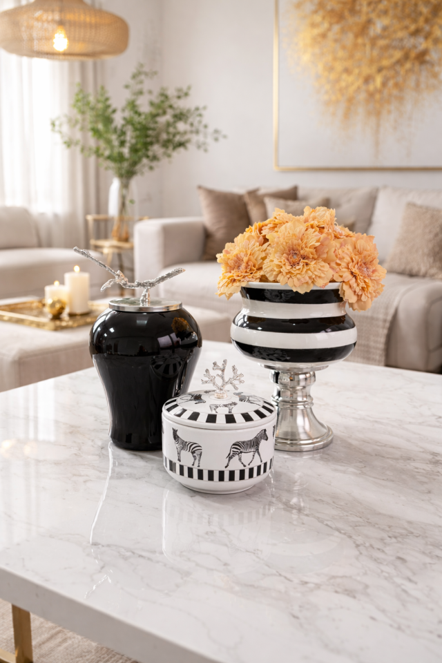 Dekoratif Obje Salon Seti  Zebra At Desen Kutu Siyah Zebra Ayaklı Saksı Siyah Şah GÜMÜŞ
